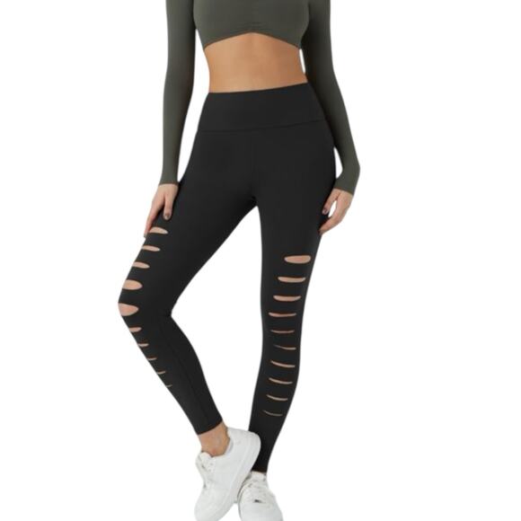 NWT Halara Day Stretch High Waisted Ripped Casual 7/8 Leggings Black Medium - Picture 2 of 7